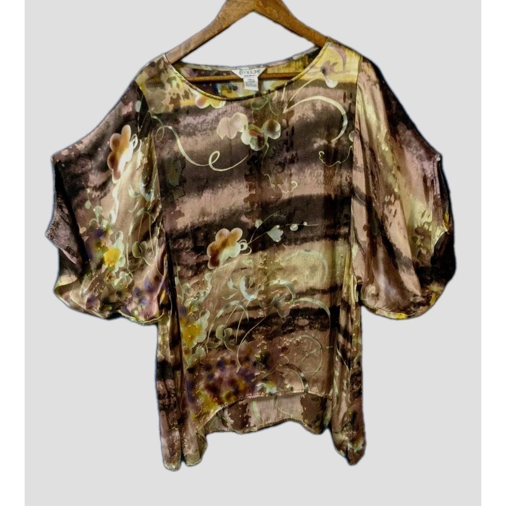 Citron Velvet Burnout Tunic With Unusual‎ Bat Sleeves Vicose and Silk Size XL